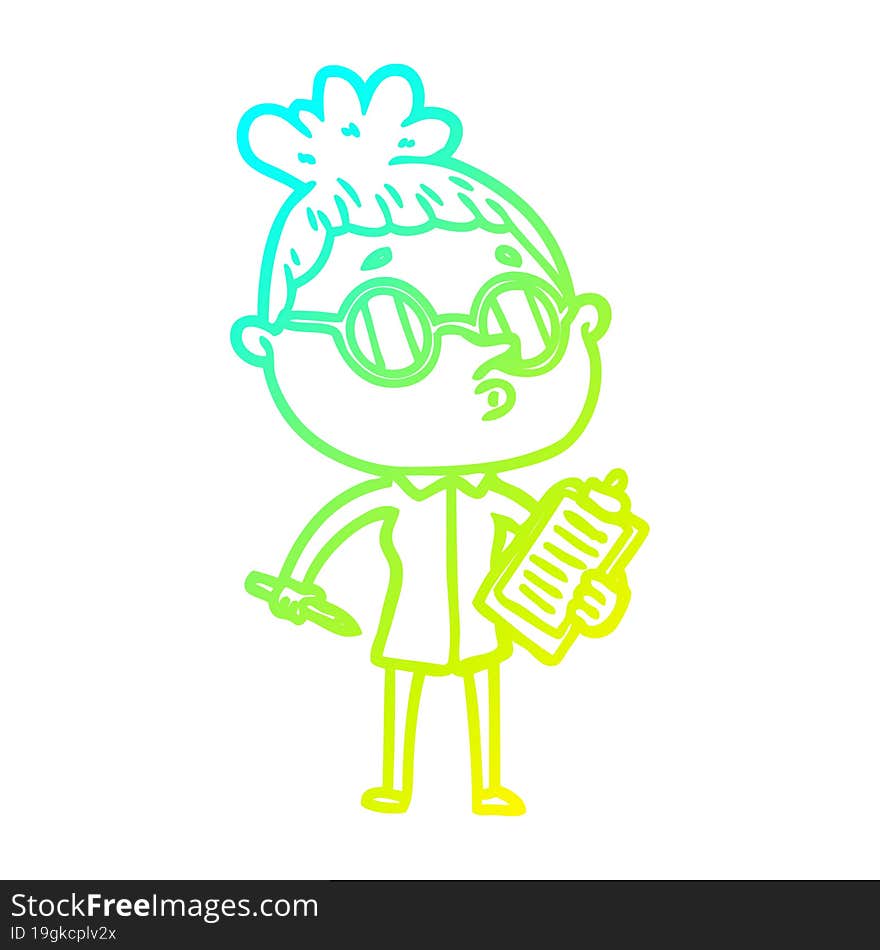 cold gradient line drawing cartoon woman wearing glasses