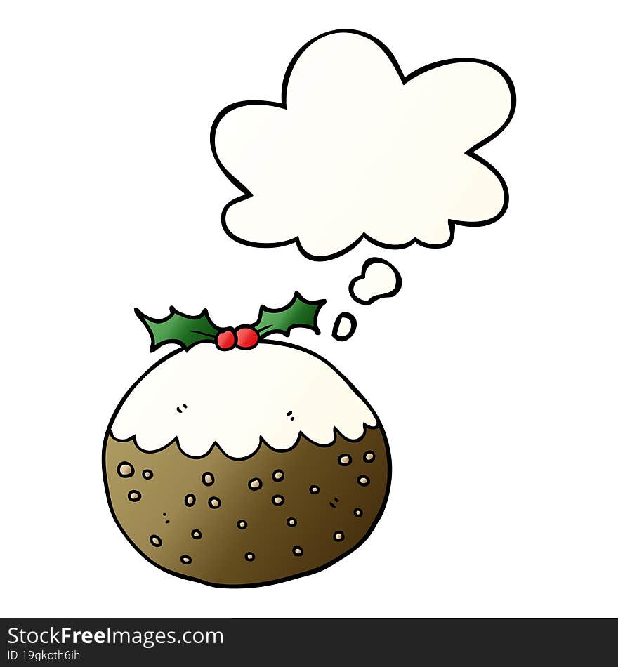 Cartoon Christmas Pudding And Thought Bubble In Smooth Gradient Style