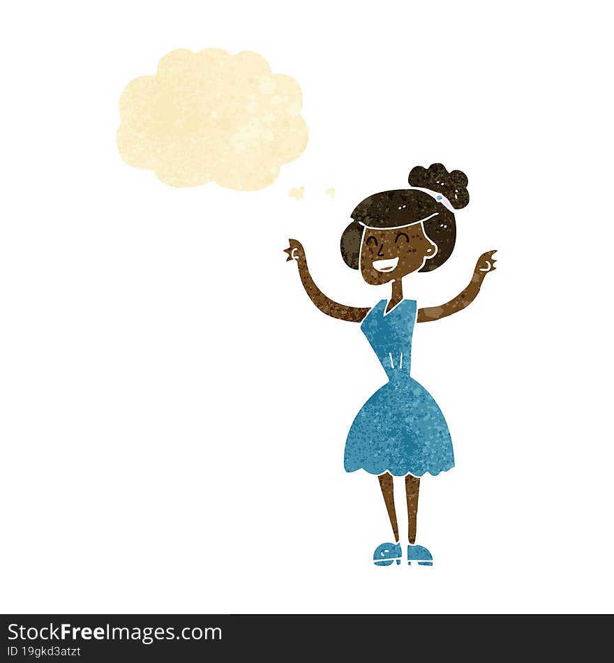 cartoon woman with raised arms with thought bubble