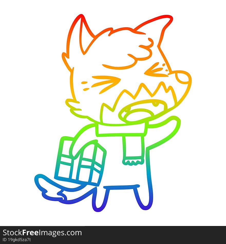 rainbow gradient line drawing angry cartoon fox with gift