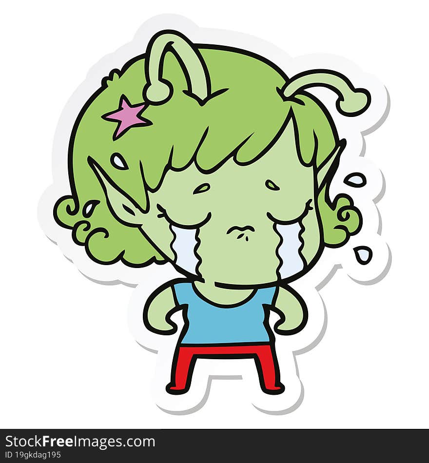 Sticker Of A Cartoon Crying Alien Girl