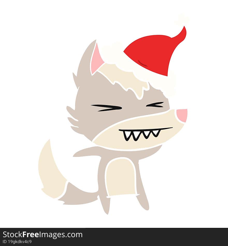 angry wolf hand drawn flat color illustration of a wearing santa hat. angry wolf hand drawn flat color illustration of a wearing santa hat