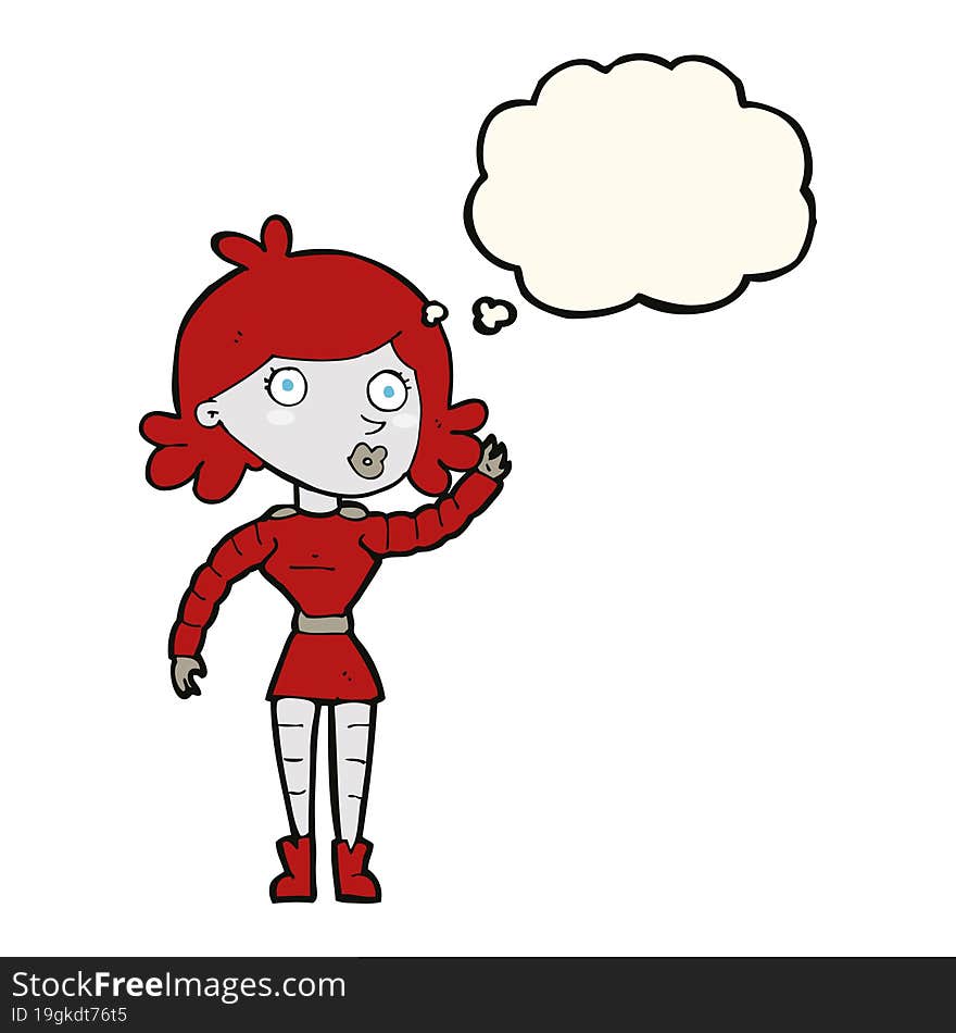 cartoon robot woman waving with thought bubble