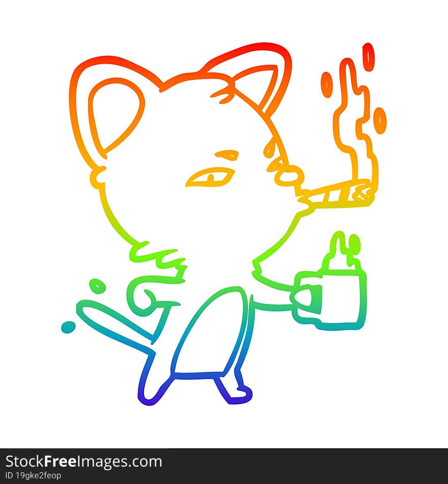 rainbow gradient line drawing serious business cat with coffee and cigar