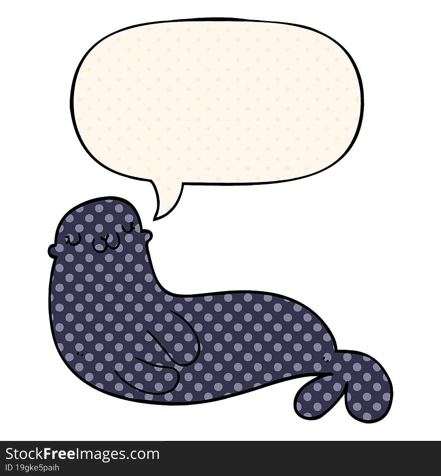 cute cartoon seal and speech bubble in comic book style