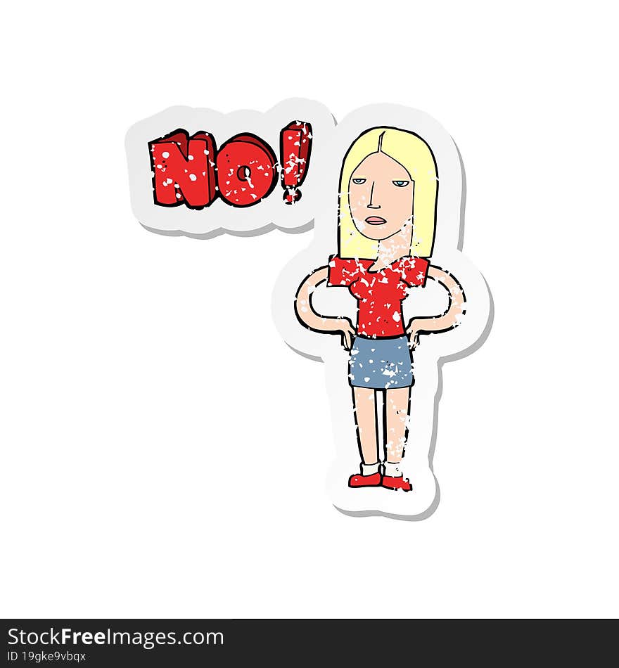 retro distressed sticker of a cartoon woman saying no