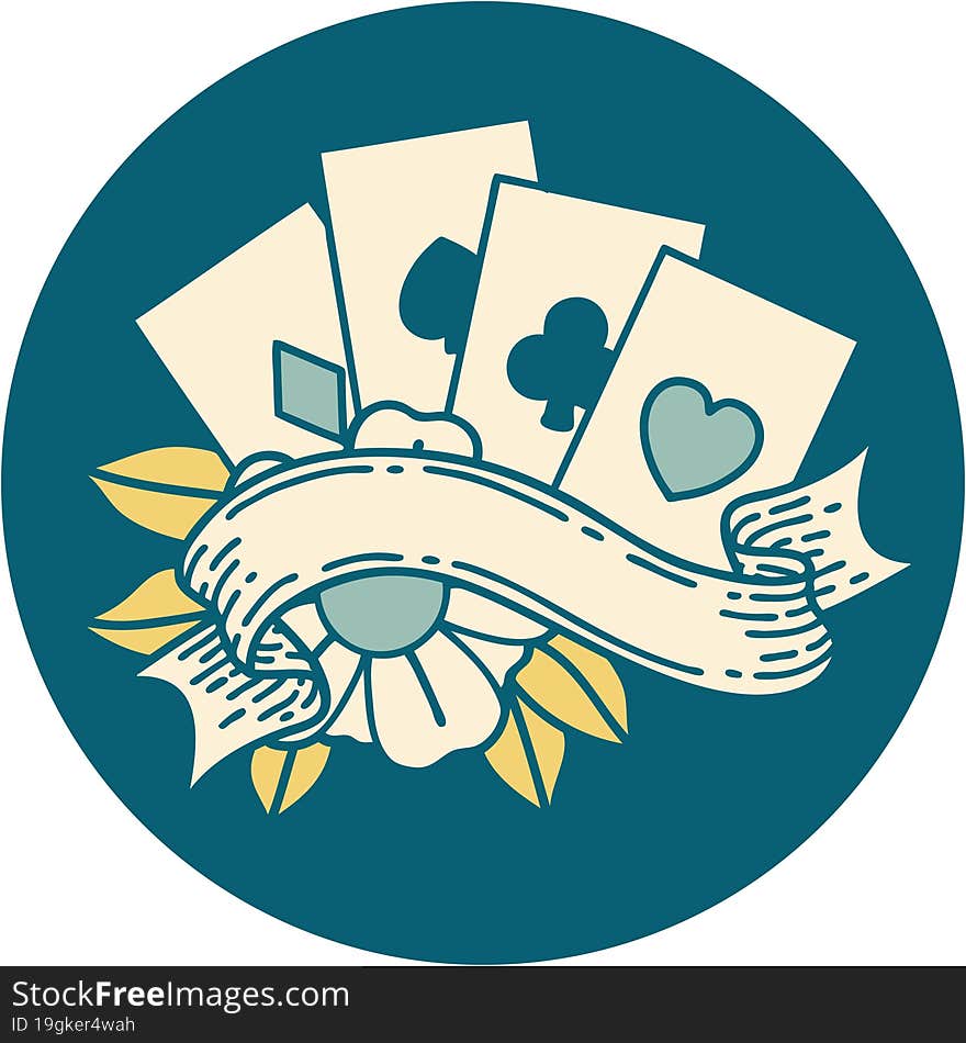 iconic tattoo style image of cards and banner. iconic tattoo style image of cards and banner