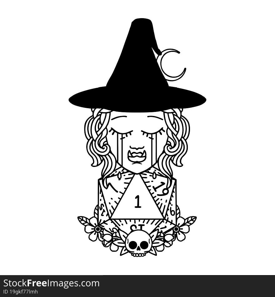 Black and White Tattoo linework Style sad half orc witch character with natural one D20 roll. Black and White Tattoo linework Style sad half orc witch character with natural one D20 roll