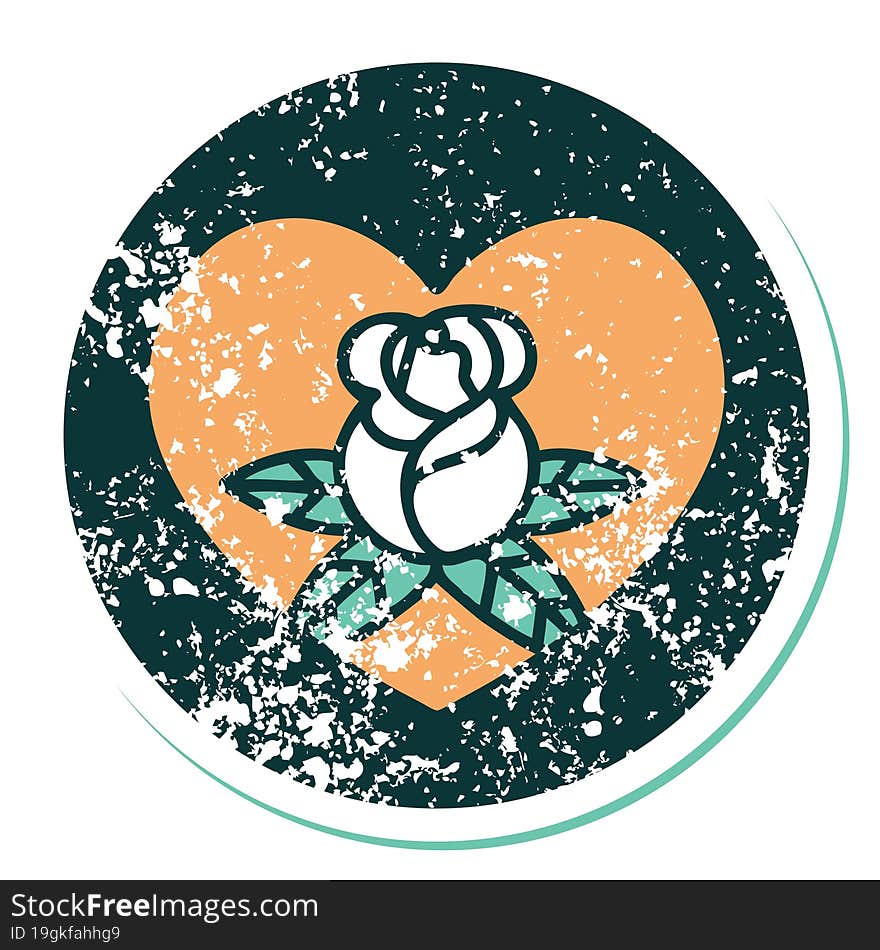 iconic distressed sticker tattoo style image of a heart and flowers. iconic distressed sticker tattoo style image of a heart and flowers