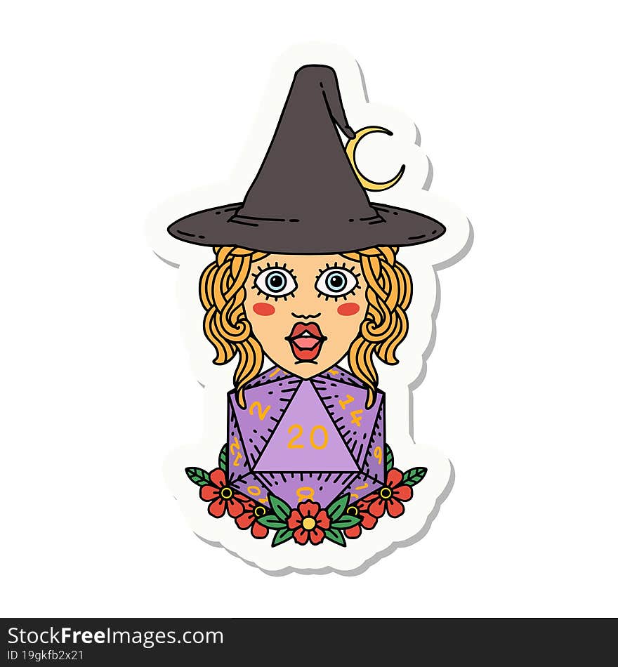 human witch with natural twenty dice roll sticker