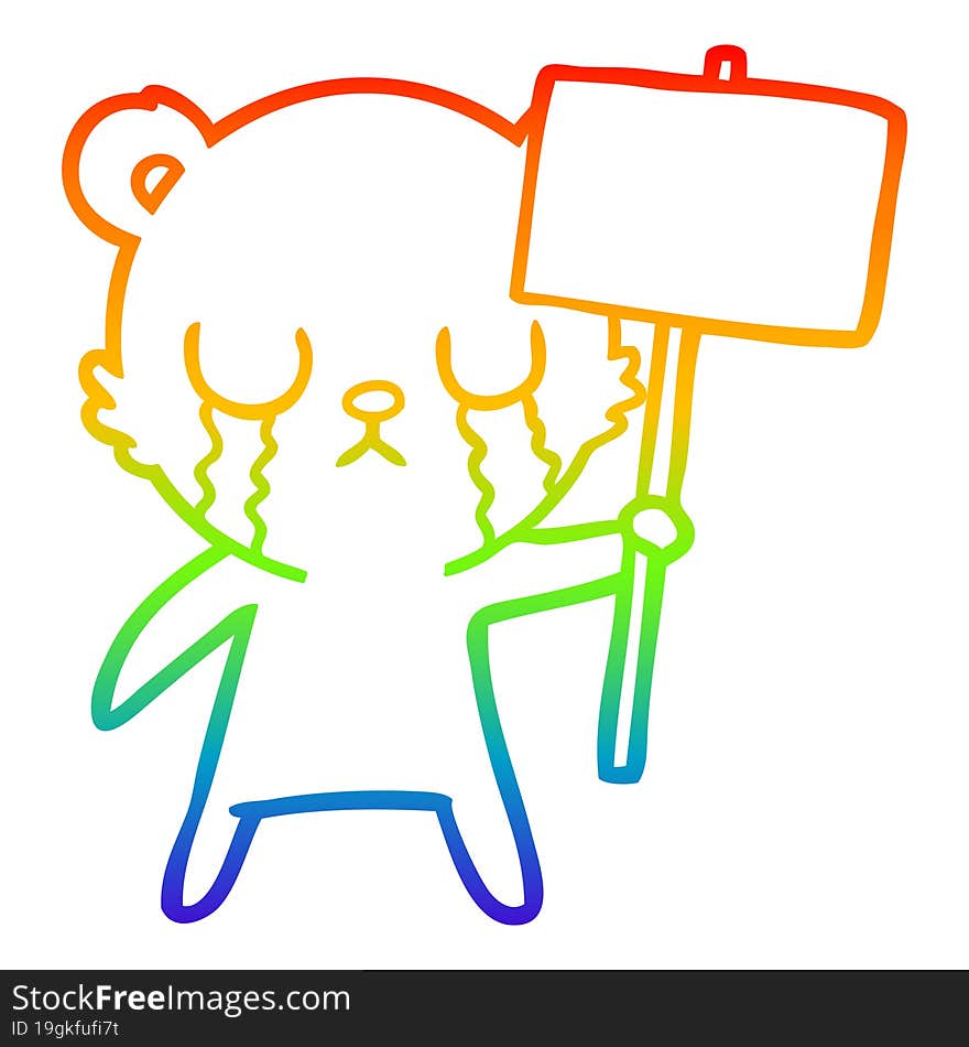 rainbow gradient line drawing of a crying cartoon bear with sign