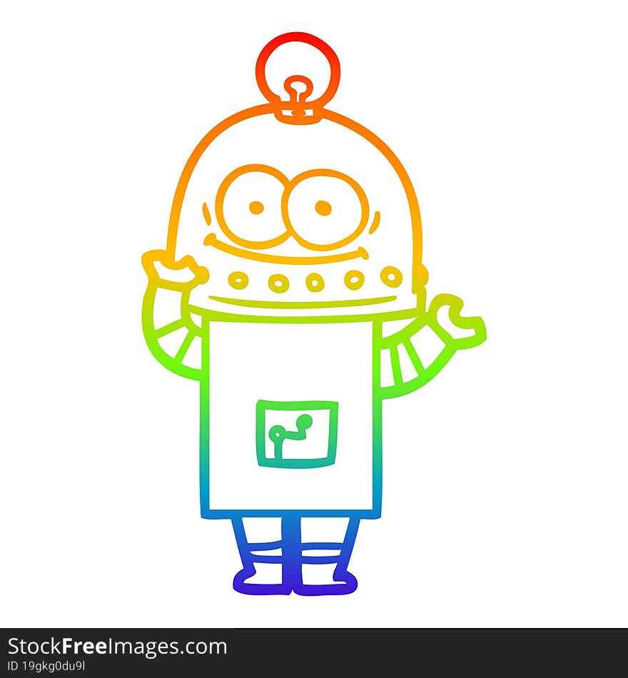 rainbow gradient line drawing happy carton robot with light bulb