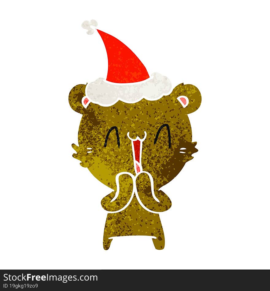 happy bear retro cartoon of a wearing santa hat