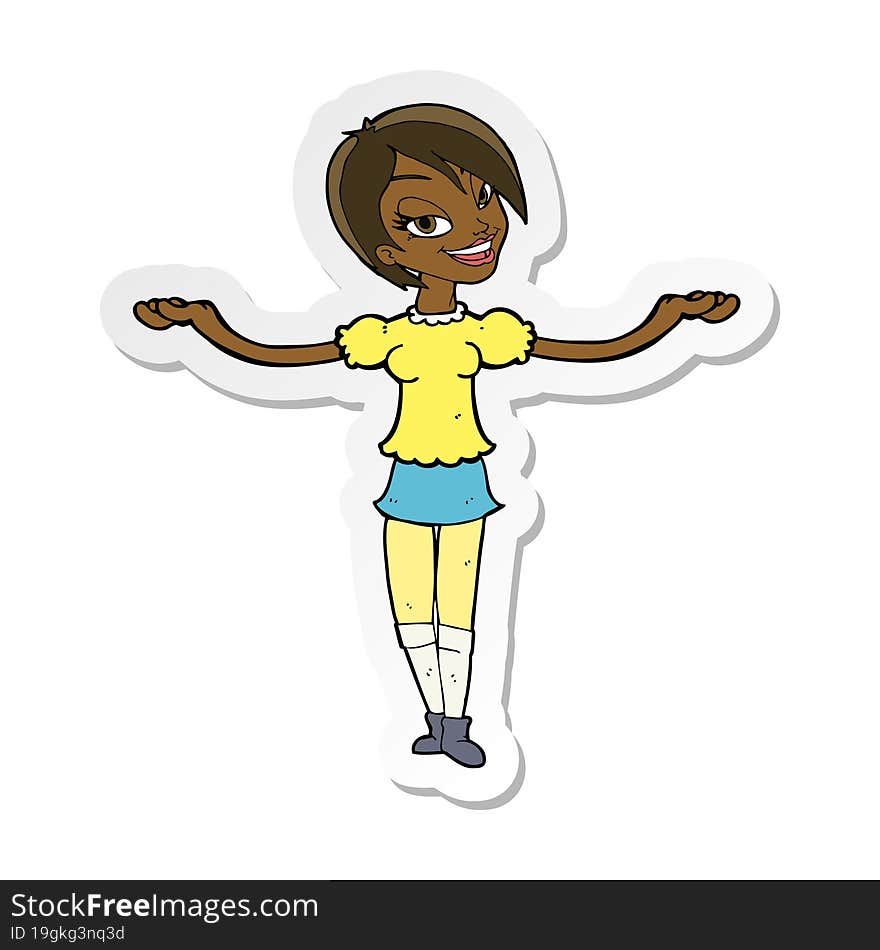 sticker of a cartoon woman making open arm gesture