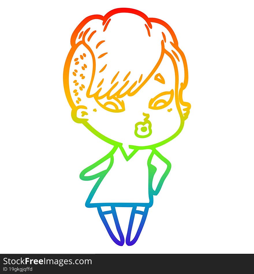 Rainbow Gradient Line Drawing Cartoon Surprised Girl