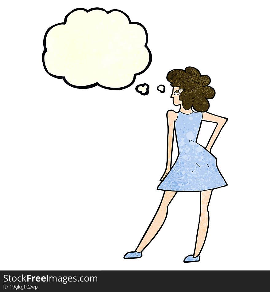 cartoon woman posing in dress with thought bubble