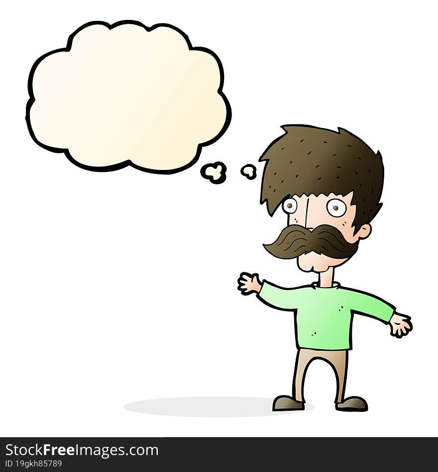 cartoon man with mustache waving with thought bubble