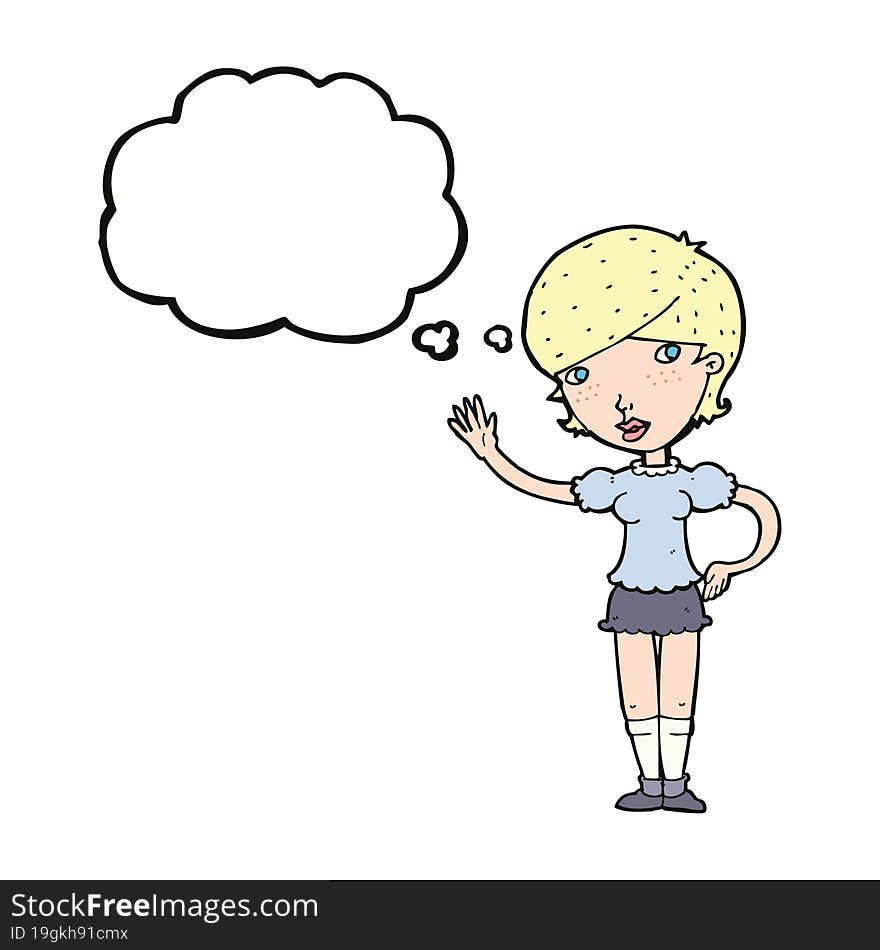 cartoon girl waving with thought bubble