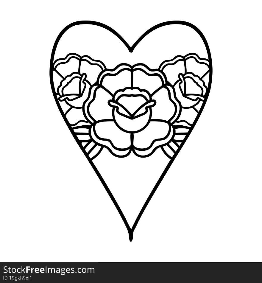 tattoo in black line style of a heart and flowers. tattoo in black line style of a heart and flowers