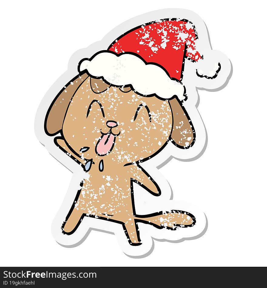 cute hand drawn distressed sticker cartoon of a dog wearing santa hat. cute hand drawn distressed sticker cartoon of a dog wearing santa hat