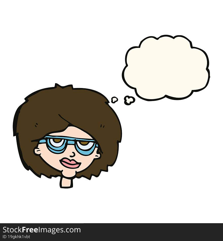 cartoon woman wearing spectacles with thought bubble