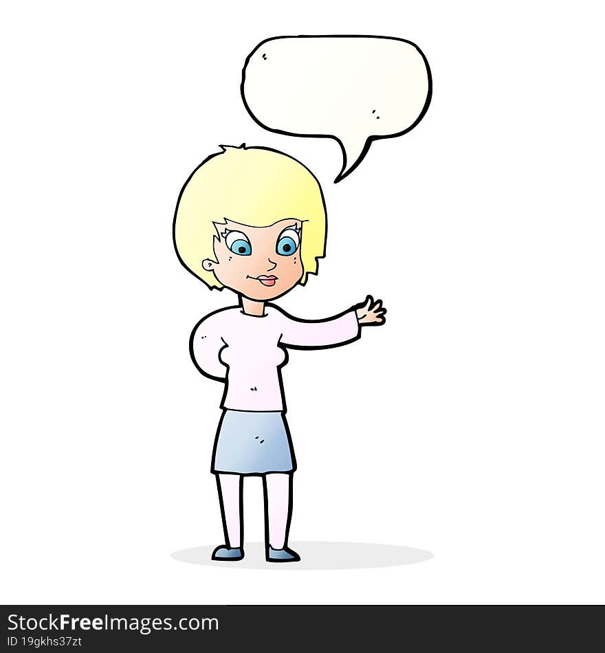 cartoon welcoming woman with speech bubble