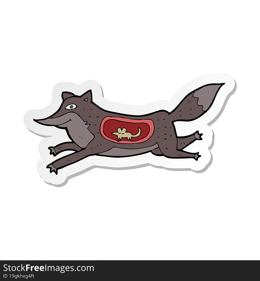 sticker of a cartoon wolf with mouse in belly