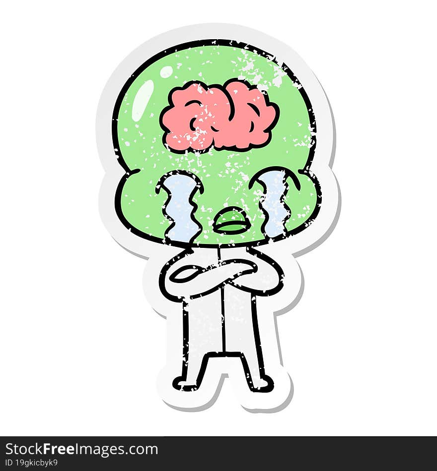 distressed sticker of a cartoon big brain alien crying