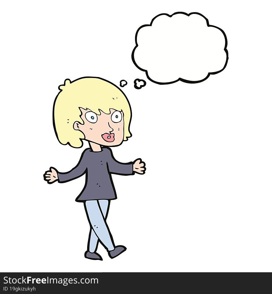 cartoon woman with open arms with thought bubble