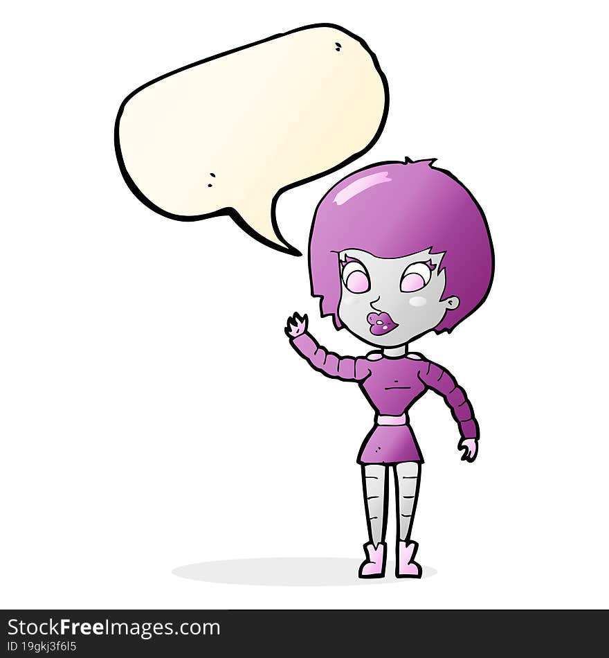 cartoon robot woman waving with speech bubble