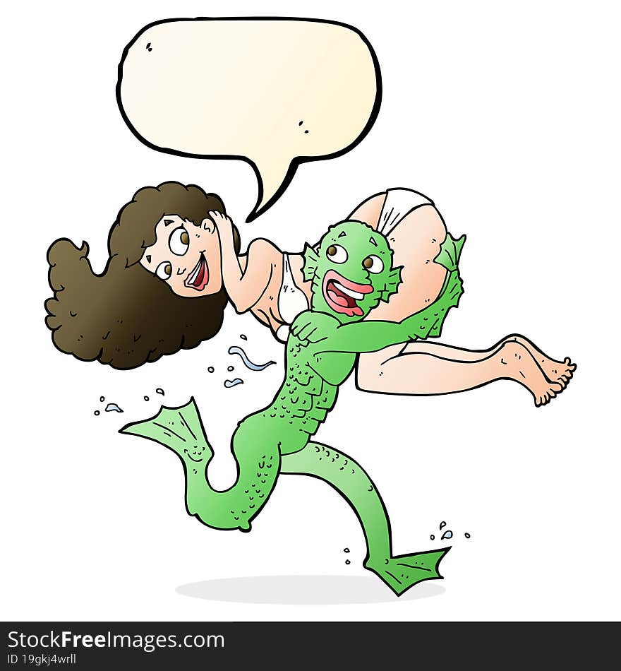 Cartoon Swamp Monster Carrying Girl In Bikini With Speech Bubble