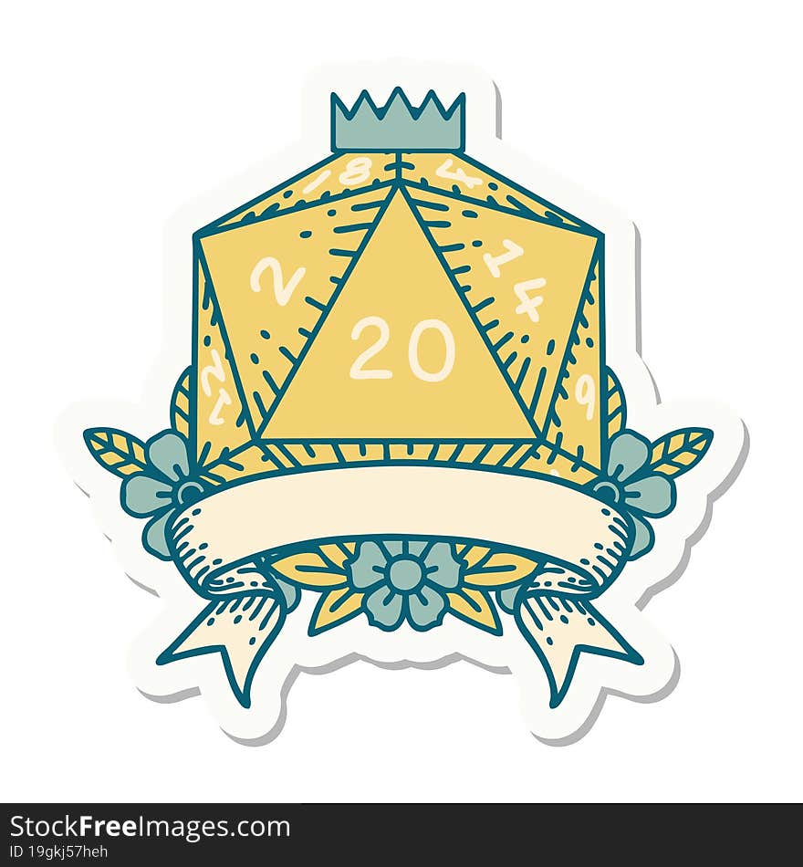 sticker of a natural 20 critical hit D20 dice roll. sticker of a natural 20 critical hit D20 dice roll