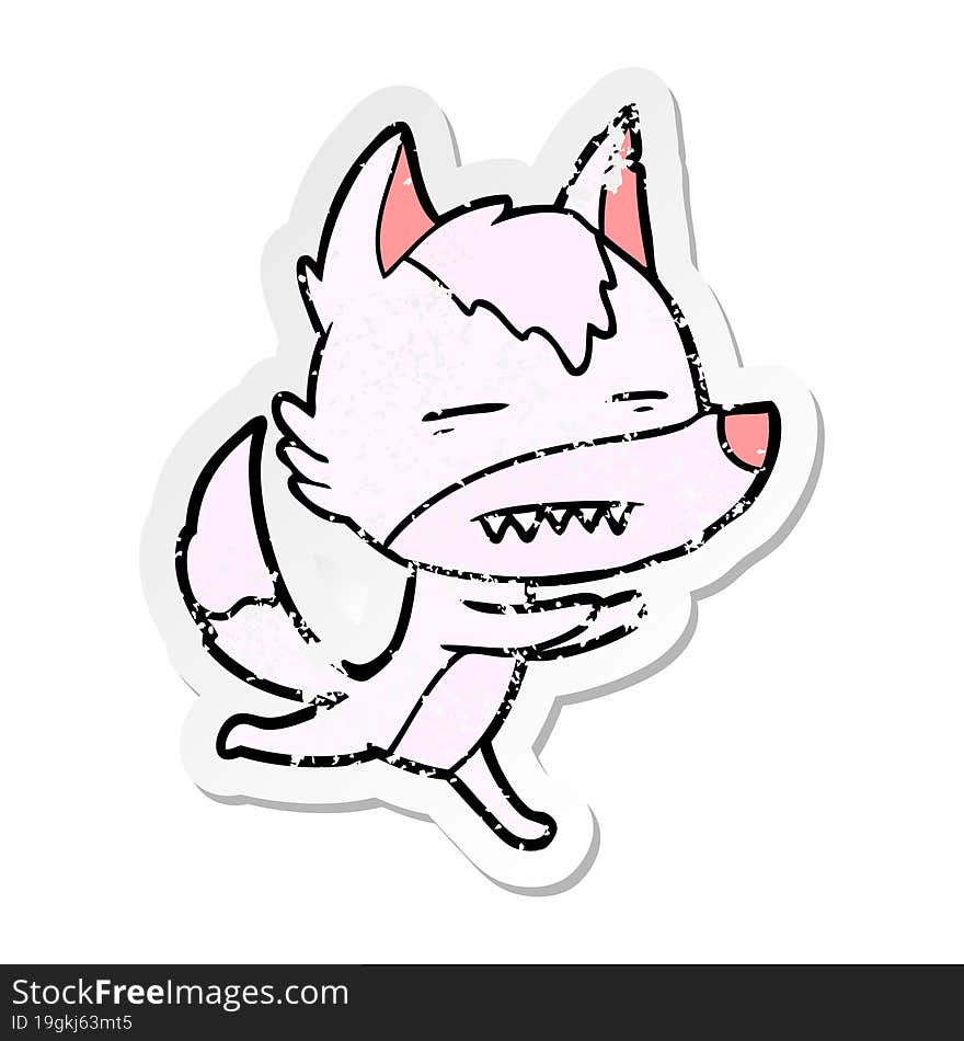 distressed sticker of a cartoon wolf showing teeth