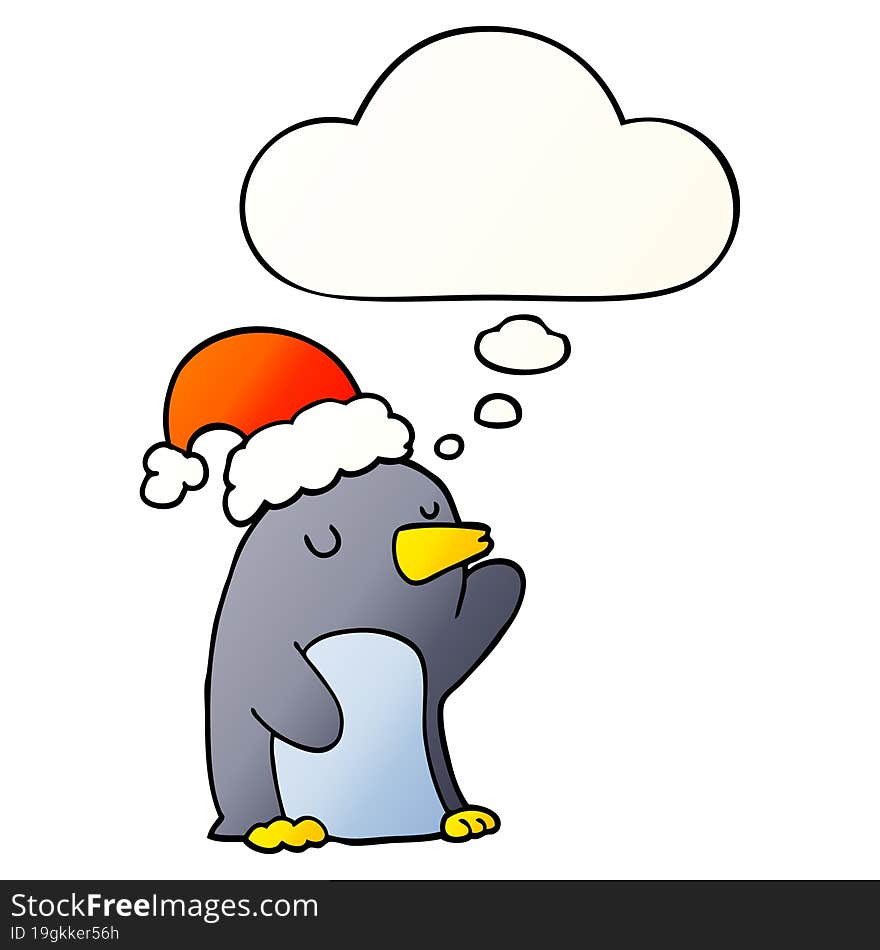 cute cartoon christmas penguin and thought bubble in smooth gradient style