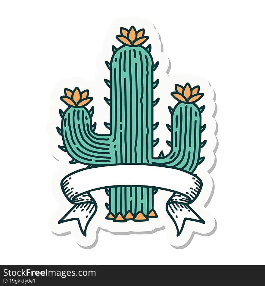 tattoo style sticker with banner of a cactus