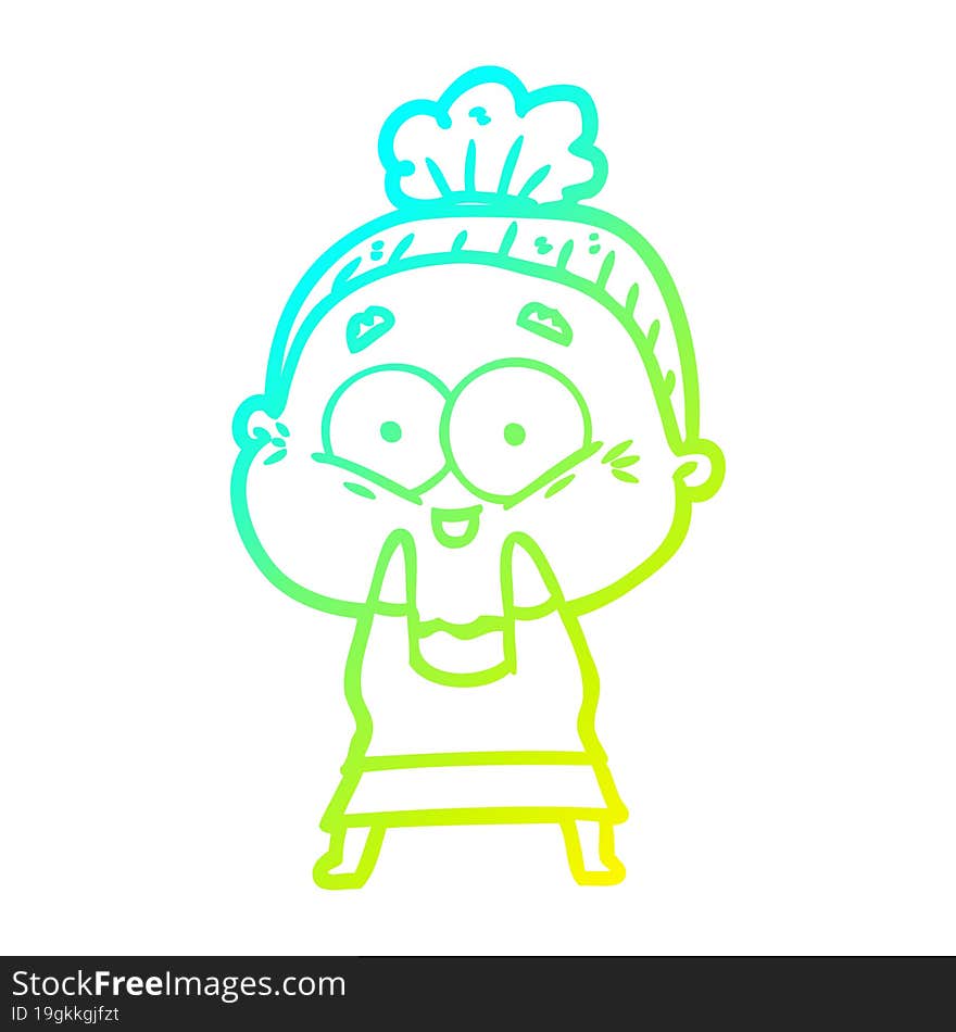 cold gradient line drawing of a cartoon happy old woman