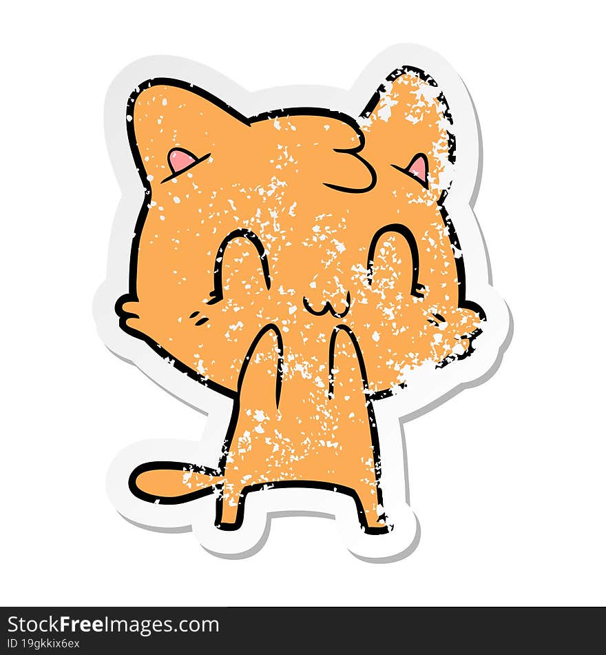 distressed sticker of a cartoon happy cat