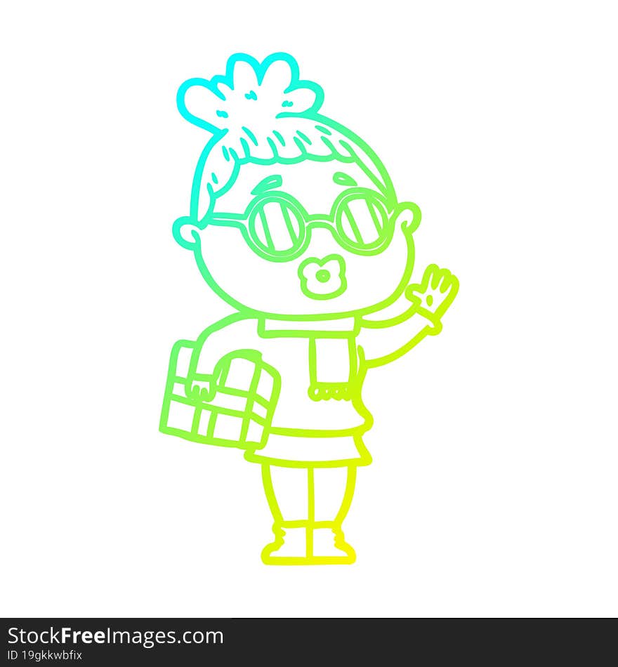 Cold Gradient Line Drawing Cartoon Woman Wearing Sunglasses