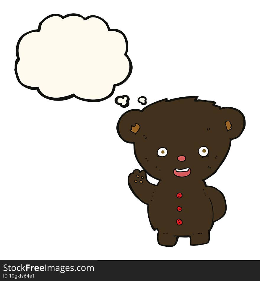 cartoon waving black bear cub with thought bubble