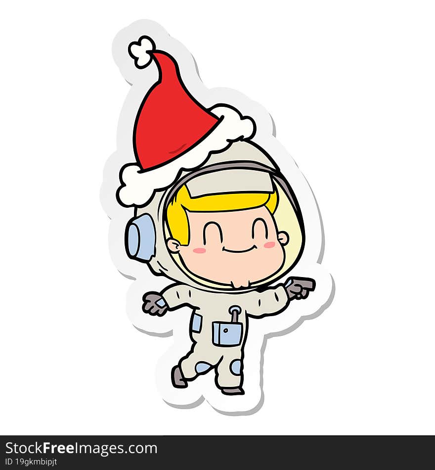 happy sticker cartoon of a astronaut man wearing santa hat