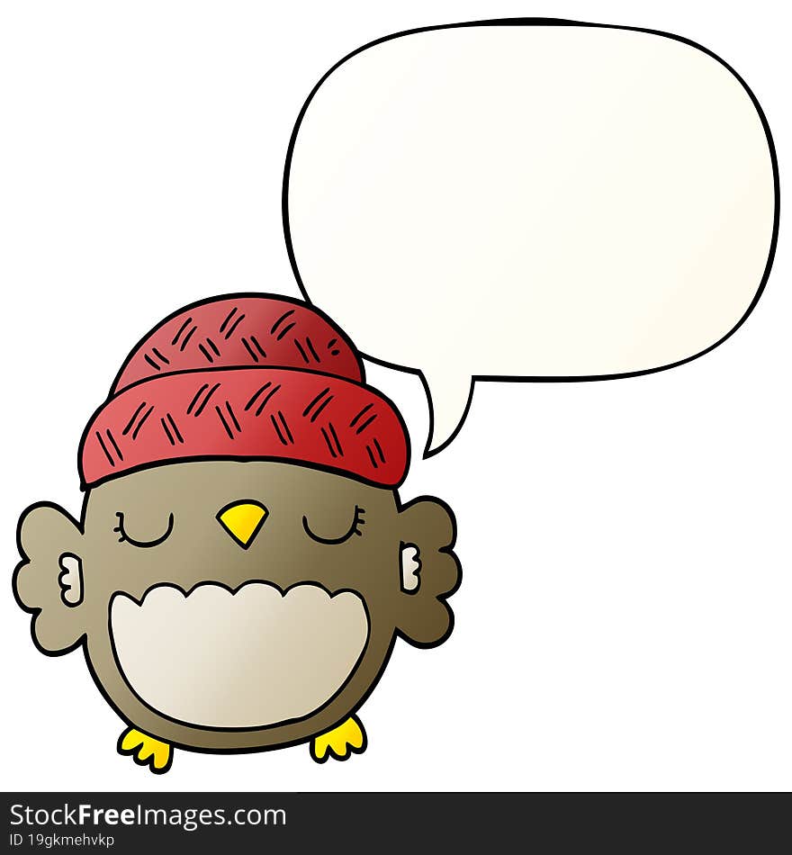 cute cartoon owl in hat and speech bubble in smooth gradient style