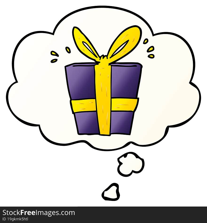 cartoon wrapped gift and thought bubble in smooth gradient style