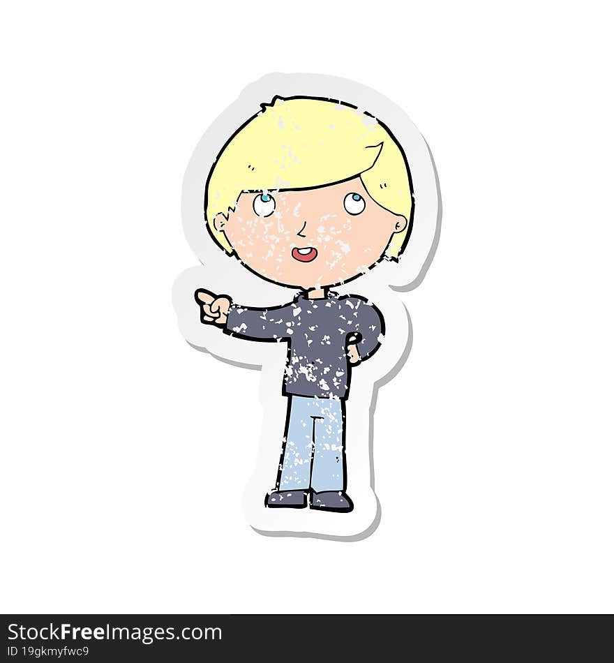 retro distressed sticker of a cartoon boy pointing