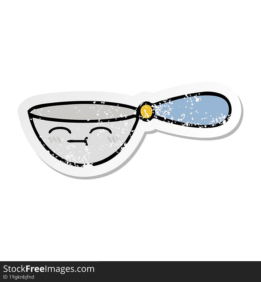 Distressed Sticker Of A Cute Cartoon Measuring Spoon