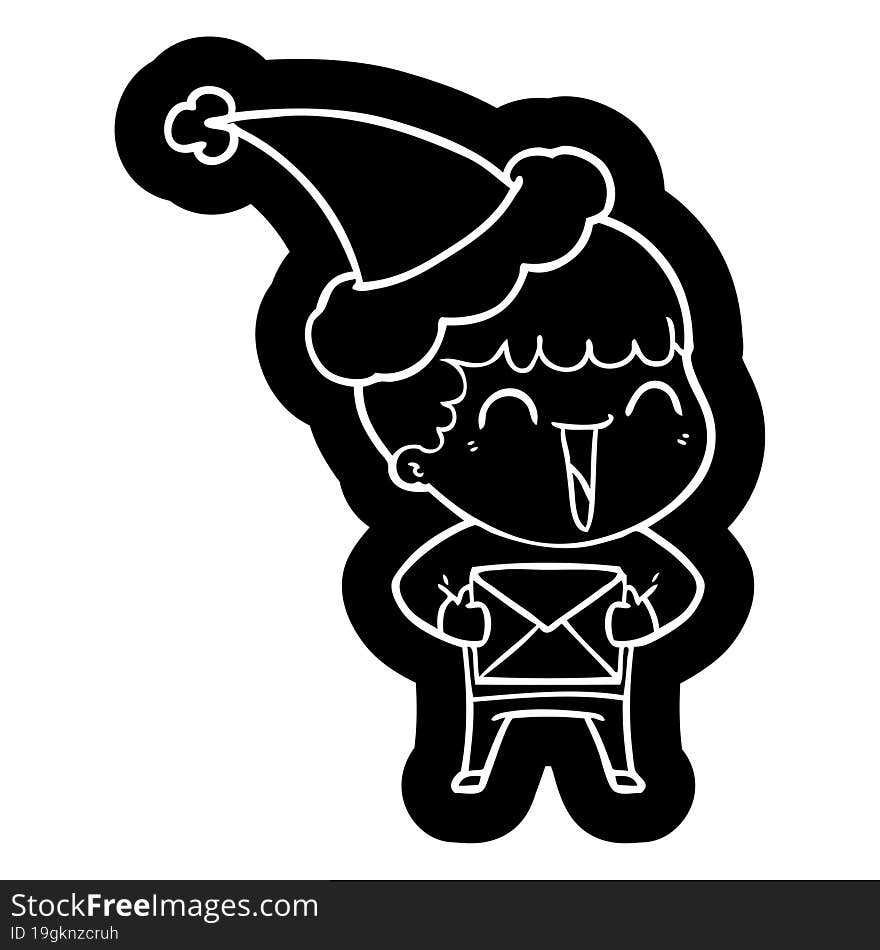 quirky cartoon icon of a happy man wearing santa hat