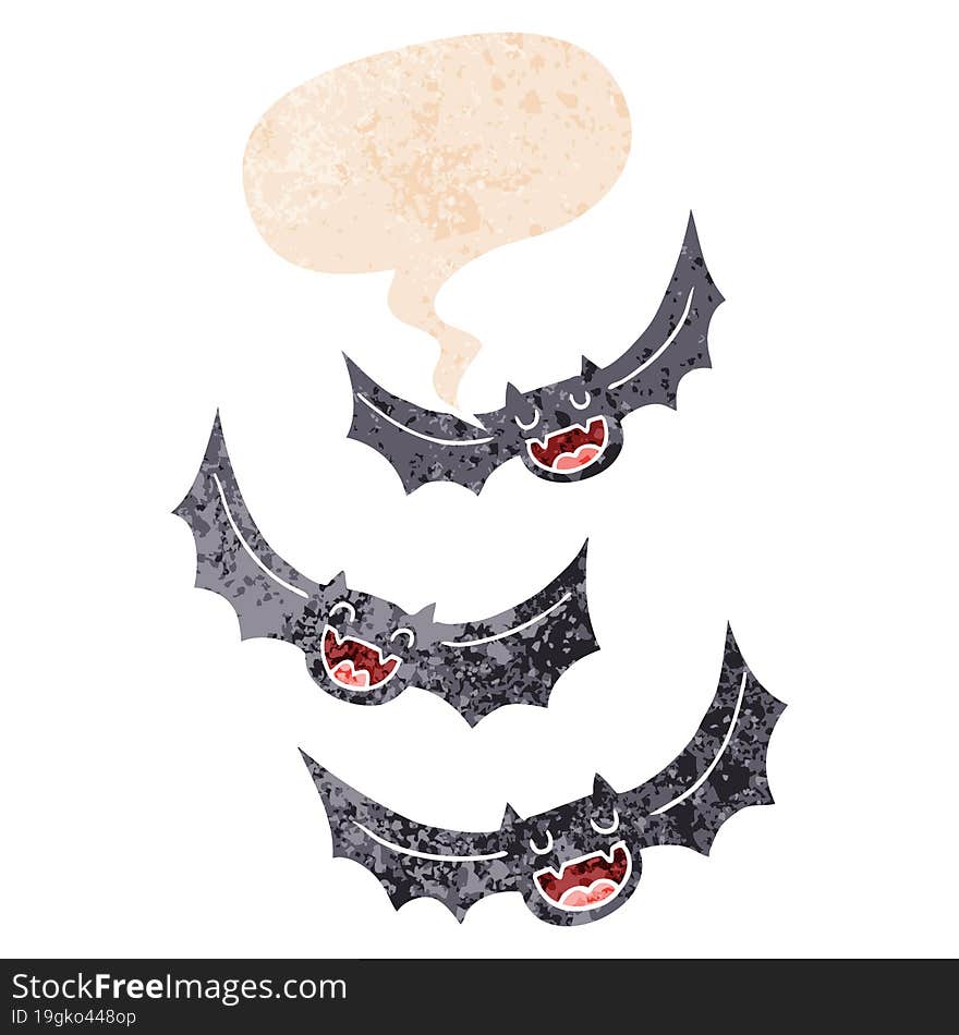 cartoon vampire bats with speech bubble in grunge distressed retro textured style. cartoon vampire bats with speech bubble in grunge distressed retro textured style