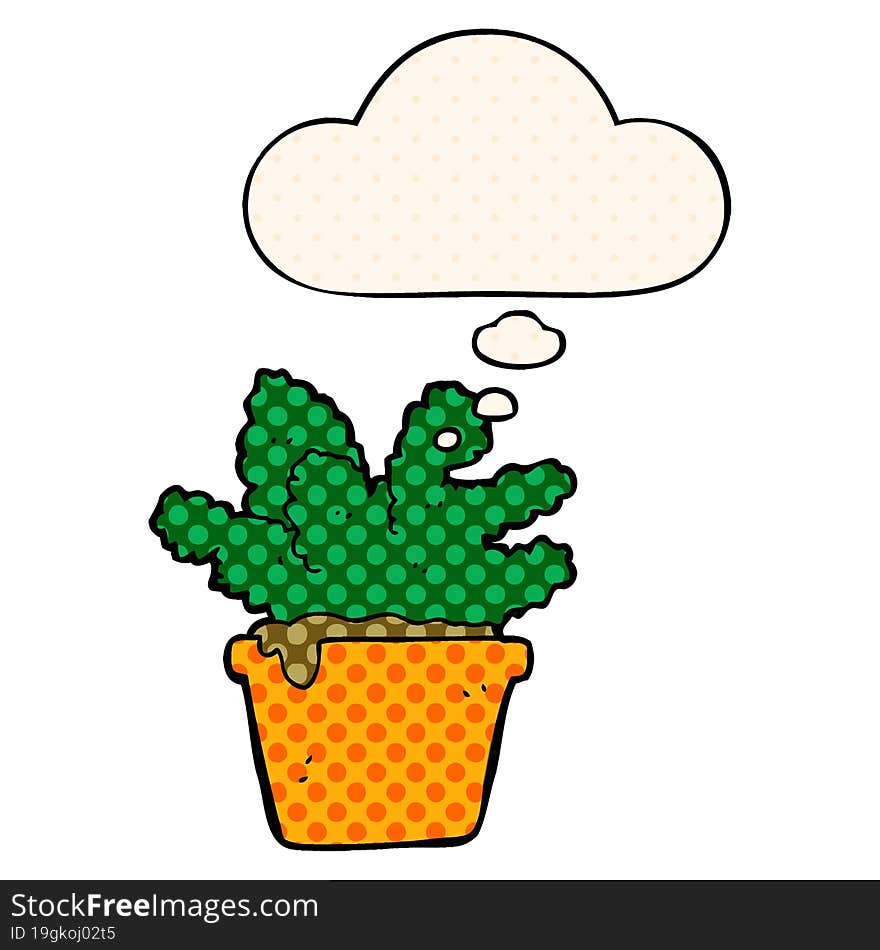 Cartoon House Plant And Thought Bubble In Comic Book Style