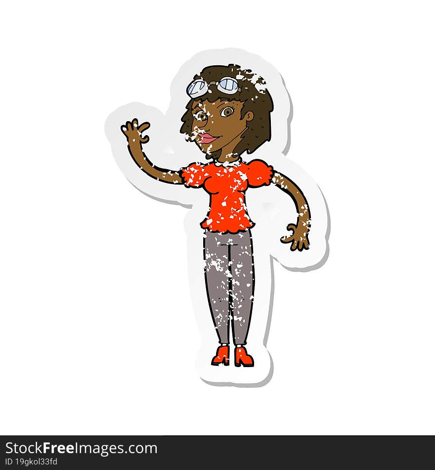 retro distressed sticker of a cartoon pilot woman waving