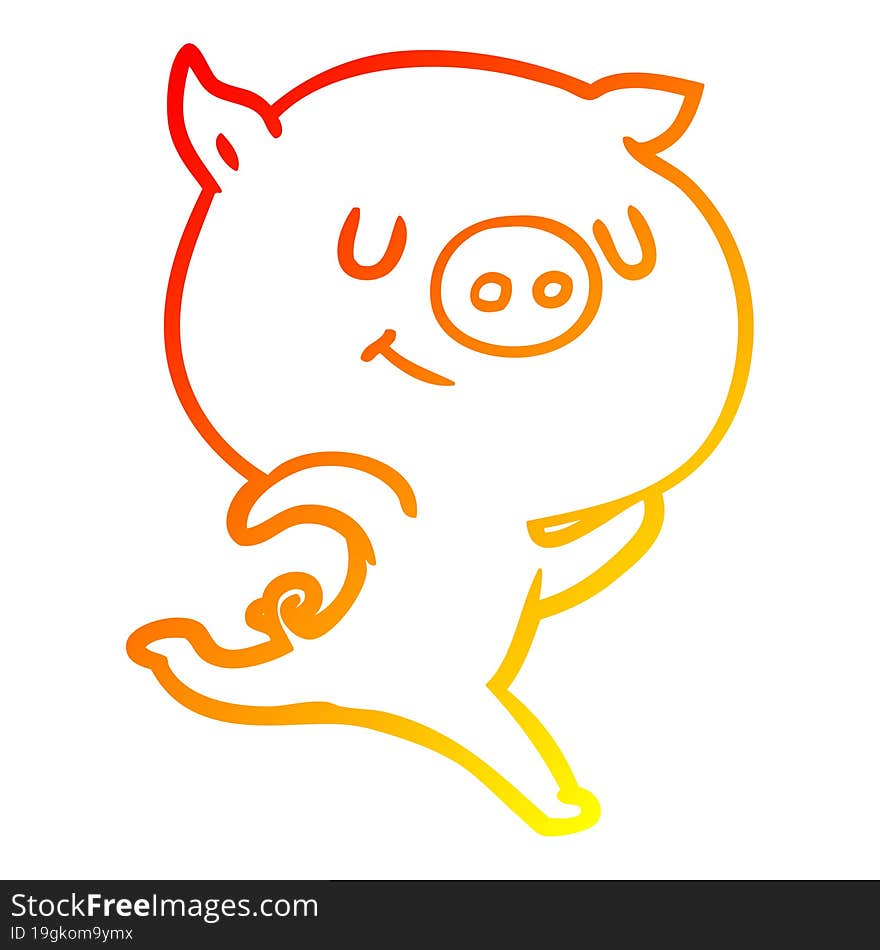 warm gradient line drawing of a happy cartoon pig running