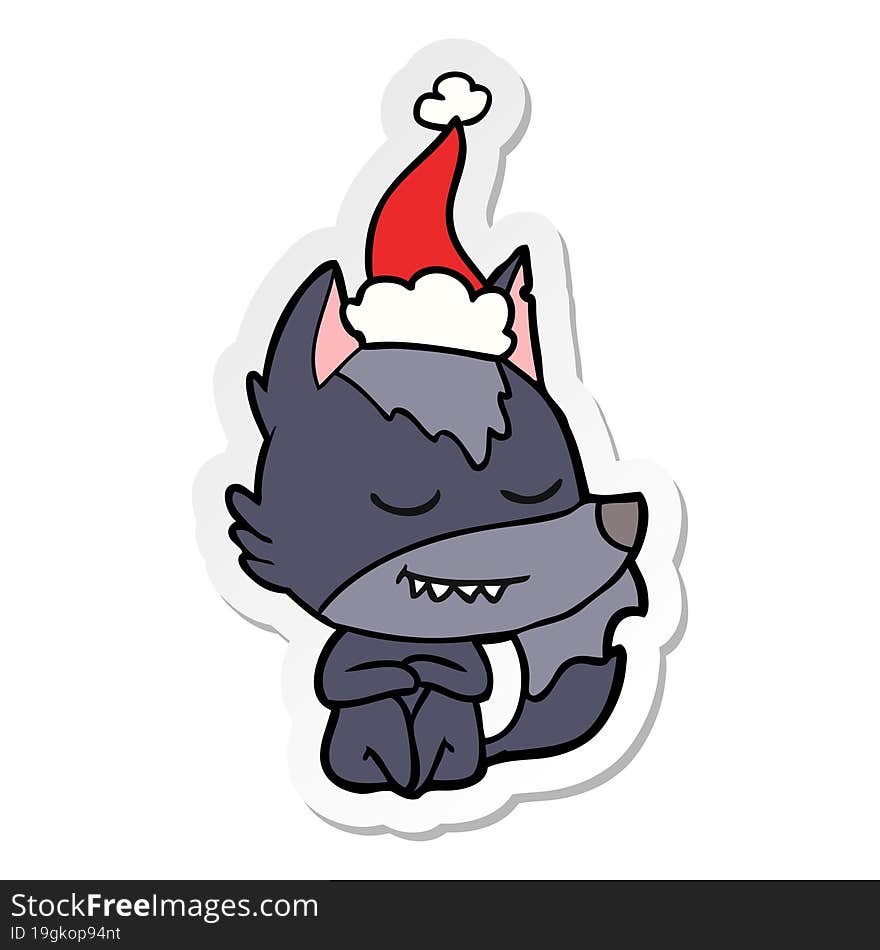 friendly sticker cartoon of a wolf sitting wearing santa hat